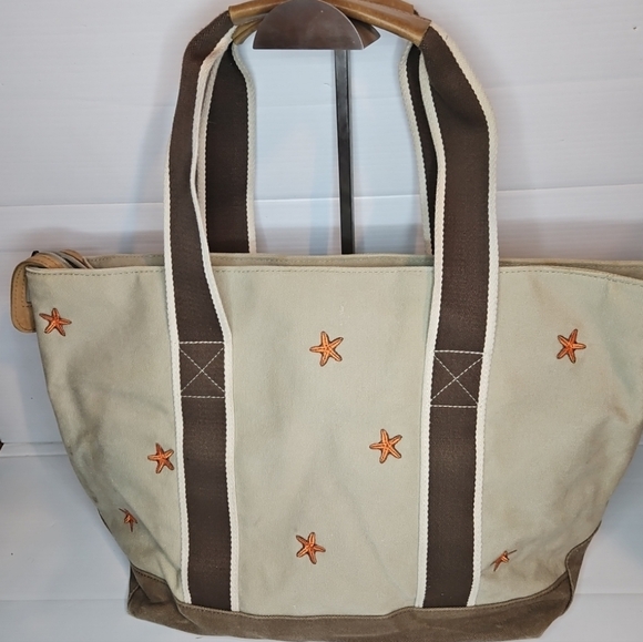 Rare Vintage L.L. Bean Boat & Tote Canvas Bag Sea Star Embroidery Leather Handle - Picture 2 of 11